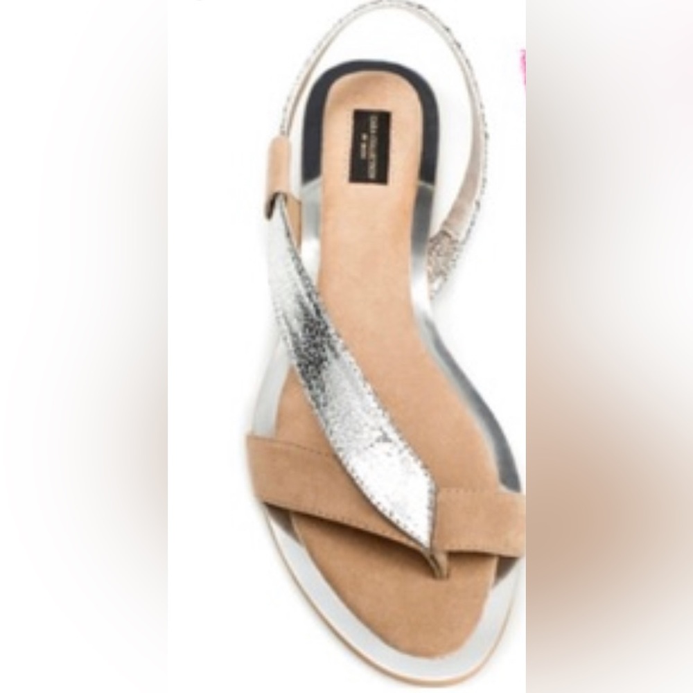 Zara Basic Cross Strap Silver/Tan Faux Leather Sandal Size 39/8